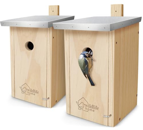 WILDLIFE HOME Nistkasten Meisen – 2er Set mit Metalldach für Blaumeisen & Co. I nach NABU aus verschraubtem Massiv-Holz I Wetterfest & Unbehandelt I Vogelhaus zum Aufhängen, 2 Stück