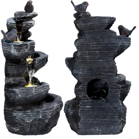 Fuente de pájaros de roca en cascada de 5 niveles para exteriores, estatua de jardín de resina Feng Shui con 6 luces LED, sistema de bomba UL integrado, decoración de pie para interiores y exteriores
