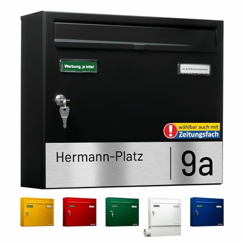 AL Briefkasten Systeme Basic-Line 1er Briefkasten personalisiert mit Namen Schild Straße und Hausnummer - Postkasten Schwarz modern mit Gravur wetterfest Wandbriefkasten Zaunbriefkasten