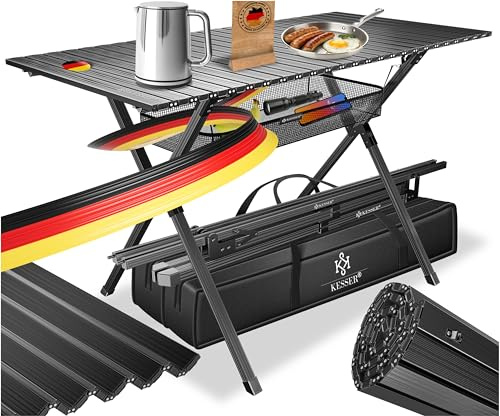 KESSER® Campingtisch faltbar Klapptisch mit Aluminiumrahmen Aufrollbare Tischplatte Falttisch klappbar 145x70x70cm bis 100kg inkl. Tragetasche mit Trageband & Netztasche, Schwarz
