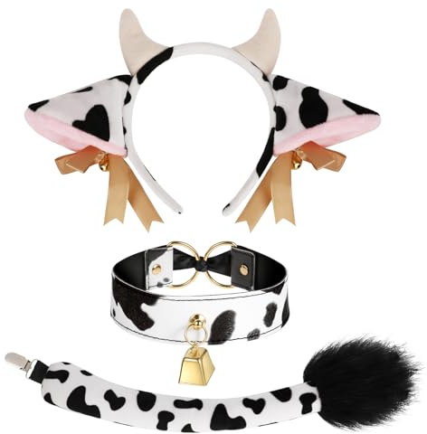 XEPST Kuh Kostüm Set, Cattle Stirnband Ohr Stirnband mit Glocken, Choker-Halskette, Plüsch Schwanz für Tier Cosplay Haarband Kuh Kostüm Zubehör Tier Thema Geburtstag Halloween Party Zubehör