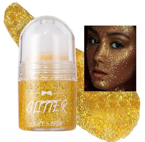 Gold Glitzer Roll-On Gel,Mermaid Pailletten Glitzer Gesicht, Funkelnder Körperglitzer mit Kugelapplikator,Kein Kleber Nötig,Schnell Trocknend,Langanhaltend,Gesicht,Körper,Haare,Party&Festival-Make-up