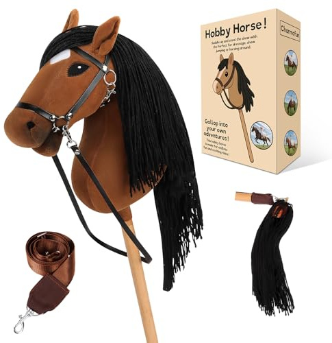 Charmofun Hobby Horse, Caballo de Palo para Niños, Caballo Juguete para Montar con Cabeza A3, Suave Arnés de Felpa y Cola Fluida, Ideal para Juego y Regalo (Marrón)