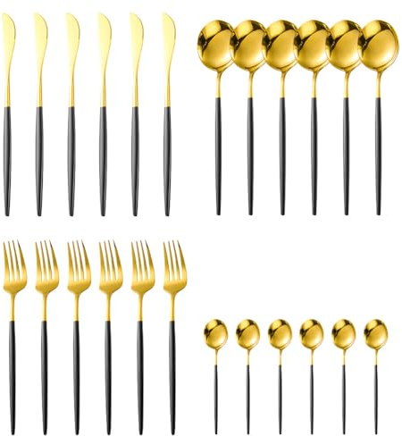 Ensemble Set Couverts de Table Inox 24 Pièces - Service de Table pour 6 Personnes, Comprend des Louche Couteaux Fourchettes de Table, Lavable au Lave-Vaisselle et Résistant à La Corrosion, Or et noir