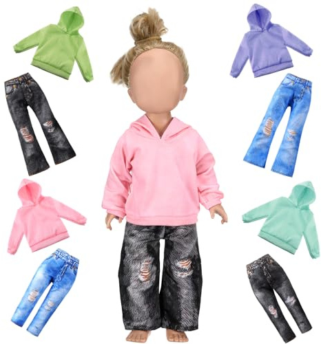 Bencailor 8 Pieces 18 Inch Doll Clothes Dolly Girl Accessories Summer Cotton Sweaters Denim Pant Regular Outfit Clothing for 18 Inch Doll(Green,Pink,Purple,Blue)