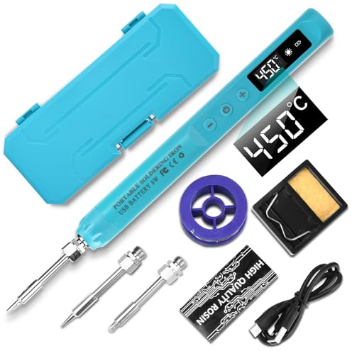Voktta Rechargeable Soldering Iron Set with Stand, Portable Cordless Soldering Iron with LCD, Adjustable Temperature 200-450°C, 3 Soldering Tips, for Repairing Circuit Board, Welding Repair - Blue
