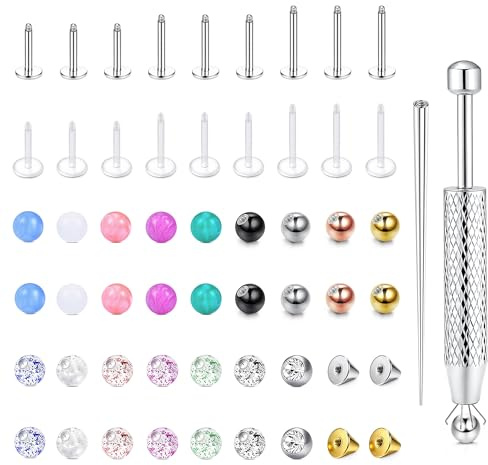 CASSIECA 16G Labret Piercing Hypoallergen Tragus Helix Nasen Piercing Ohr Silber Chirurgenstahl & Acryl Lippen Piercings Stecker 6/8/10MM Ersatzkugel Schraubkugel Piercings Kugel Aufdreher Set