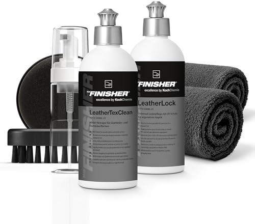 Auto Lederpflege & Reiniger Set | THE Finisher LeatherTexClean 500ml + LeatherLock 500ml + Foamer + Bürste + Applicator + 2 Mikrofasertücher | Lederreinigung & Pflege mit UV-Schutz
