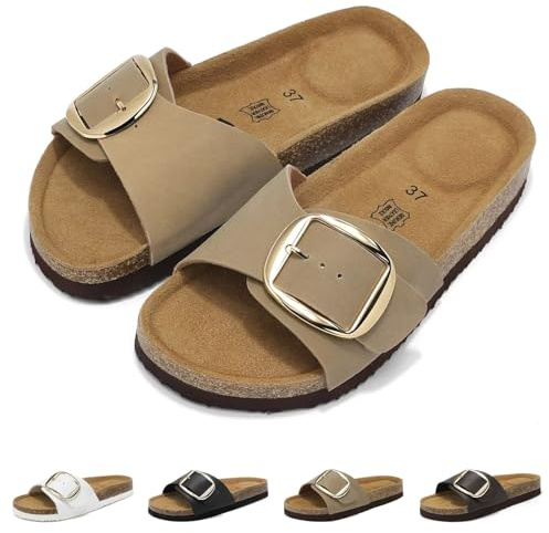 Wizshoe Sandalias Mujer Cómodas Sandalias de Pala Plantilla de Corcho Hebilla Ajustable Zapatillas Verano Punta Abierta Mules Antideslizante Chanclas Plano Beige 41EU