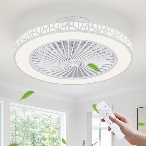 POWROL Ventilateur Plafond Moderne 48cm Plafonnier Ventilateur avec Lumière LED Dimmable 3 Couleur 48W 6 Vitesses Réversible Ventilateur de Plafond avec Télécommande Intelligent Timer Chambre Salon
