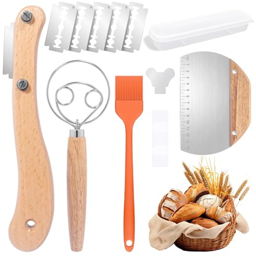 Morocket Set med 4 bagarknivar, bröd skärknivar med 5 bagarblad, träsnidkniv för bröd, dansk visp, degskrapa, bakborste, bröd bakning tillbehör