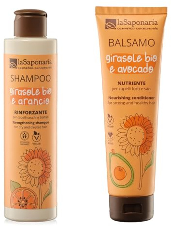 La Saponaria | Kit Shampoo Girasole & Arancio Nutriente 200 ml + Balsamo Nutriente con Girasole Bio 150 ml, ideale per Capelli Secchi e Crespi