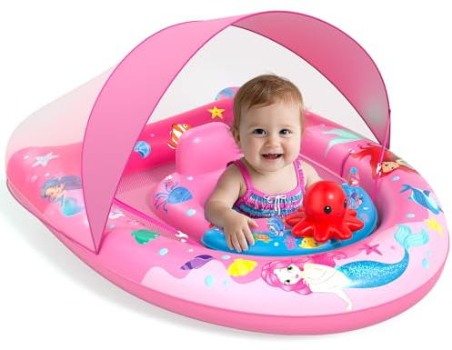 Baby Swimming Float,Baby Pool Float with UPF50+ Sun Canopy,Inflatable Baby Swim Float,Toddler Pool Swimming Float for 6-36 Months,Adjustable Safety Seat Baby Swim Ring for 6 9 12 18 24 36 Months