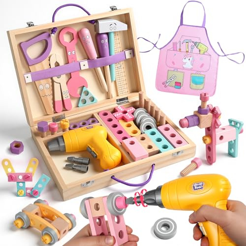 Montessori Spielzeug ab 3 Jahre, Werkzeugkoffer Kinder Spielzeug ab 3 4 Jahre Mädchen Junge Holzspielzeug Werkzeug Kinder 44 STK mit Akkuschrauber&Schürze Role Play Geschenk Mädchen 3 4 Jahre Ostern