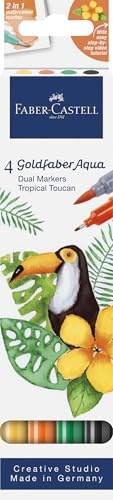 FABER-CASTELL - Goldfaber Aqua Dual Marker Tropical Toucan, 4 Farben | Wasservermalbare Dual Marker mit Pinselspitze und Fineliner für Aquarellmalerei und Lettering