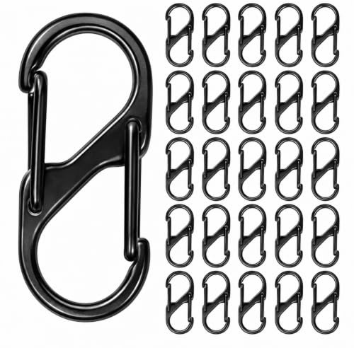 25 Pcs S Carabiner Keyring With Dual Spring, S Shape Double Hook Metal Buckle for Home Outdoor Hiking Fishing Camping Travel (Black)