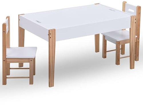 Mangloder 3-delat barnsittgruppsset, krittavla bord med 2 stolar, svart vit, MDF och furu, 90 x 60 x 51 cm för barn från 6 till 12, med förvaringsutrymme