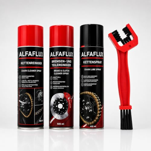 Motorrad Kettenpflege Set 4-tlg | Kettenreiniger + Bremsenreiniger + Kettenspray + Kettenbürste(Rot)