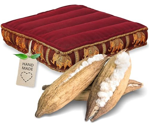 livasia Sitzkissen Boden Thaiseide - 50x50x10cm - Bodenkissen Indoor/Outdoor, Meditationskissen Yogakissen, Stuhlauflage Palettenmöbel, Steppkissen Bank handgefertigt (Rot/Elefanten Seide)