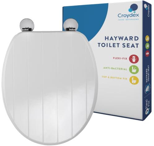 Croydex Tongue & Groove Wooden Toilet Seat, Flexi-Fix Hinges (Hayward) | Adjustable Hinges | Top and Bottom Fixings Included | Antibacterial Treated Surface | Durable Moulded Wood
