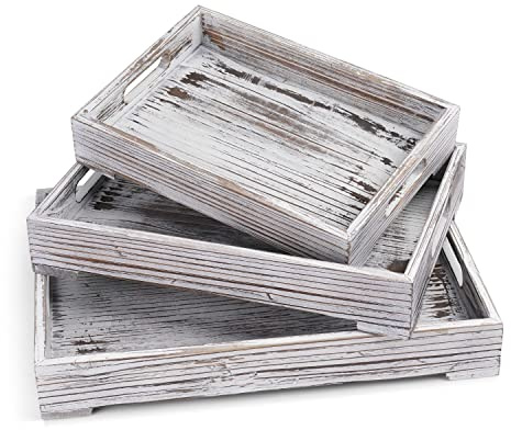 Flexzion Schachtelabletts aus Holz, Frühstück im Bett Serviertablett mit ausgeschnittenen Griffen- 3er-Set, Dekorative rustikale geflammte Holzplatte Servieren für Kaffee Essen Küche Tischpräsentation