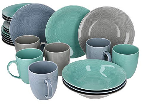 VAN WELL Service combiné Jive pour 6 personnes Service de table en difféporcelaine rentes couleurs Tasses Assiettes à soupe Assiettes à dessert Plats en 24 pièces Multicolor