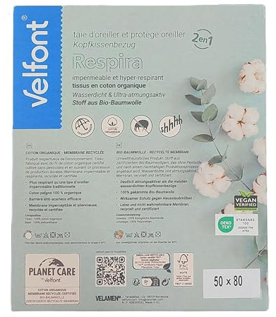 Velfont FÄLLSKAPS/ÄCK örngott Andas med dragkedja Storlek 50x80 Vattentät och Hyper-ventilerande 100% Organisk Bomull