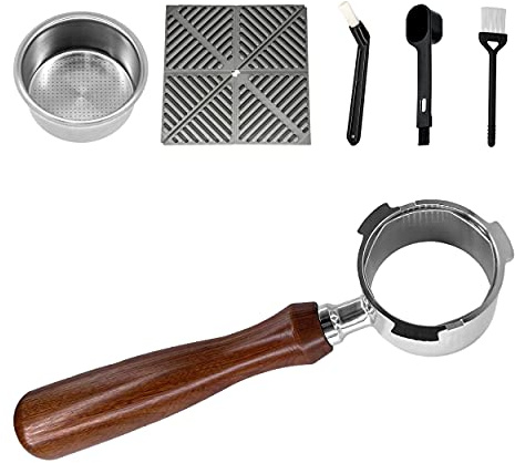 NEOUZA Kaffeefilter, 51 mm, ohne Boden, kompatibel mit DeLonghi Espressomaschine, ohne Filterhalter, Holzgriff, Füllkorb, Bürsten, Löffel, Tamper-Matte (3 Ohren)