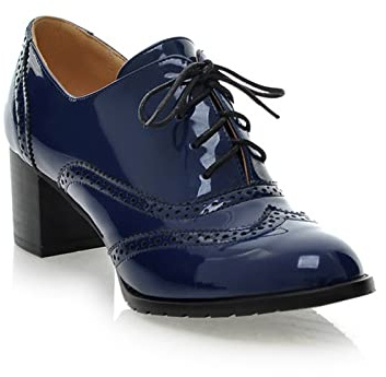 Honger Zapatos de vestir Oxford de piel sintética con cordones y tacón medio para mujer, marino, 38.5 EU