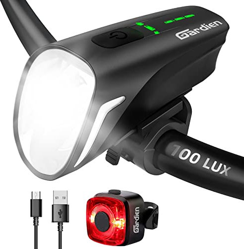 Gardien LED Fahrradlicht Set, 100 LUX USB Fahrradbeleuchtung Set mit 4 Licht-Modi Aufladbar Fahrradlampe, Fahrradlicht Set Fahrradlampe vorne Rücklicht Set Fahrrad Licht IPX5 Wasserdicht (Silber)