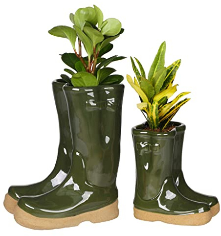 Set of 2 Flower Pot Planters - Small & Large Wellington Boot (Dark Green)