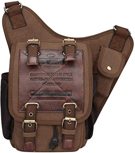 S-ZONE Herren Schultertasche Vintage Canvas PU Leder Crossbody Sling bag Brusttasche Military Sporttasche Multipurpose Rucksack für Reise Wandern Schule Freizeit