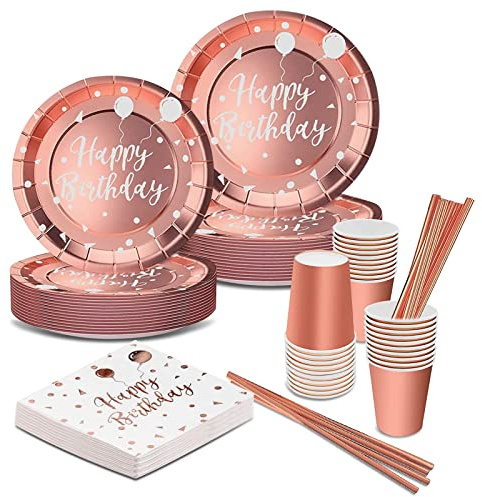 Yidaxing 120pcs Vaisselle Jetable Anniversaire,Assiettes Jetables Rose Gold | Couvert Jetable Filles,Includes Couvert Jetable Gobelets Pailles en Papier et Serviettes pour Fête D'anniversaire,24 Invités