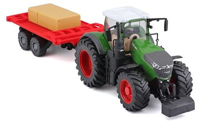 Bburago Traktor Fendt 1050 Vario mit Heuballen-Anhänger: Spielzeugtraktor mit Schwungrad-Antrieb, abnehmbare Fahrerkabine, ab 3 Jahren, grün (18-31674)