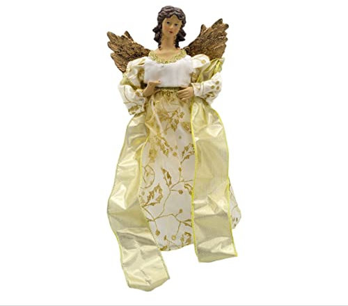 Nataluna Puntale per Albero di Natale a Forma di Angelo, Bianco Oro e Glitter, 31 Centimetri. Pupazzo con Ali. Decorazione Natalizia