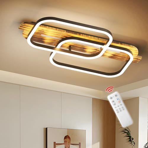 OTREN LED Deckenlampe Holz Dimmbar, 62CM Massivholz Schwarzer Rahmen Vintage Deckenleuchte, 36W Wohnzimmerlampe fur Schlafzimmer Küchen Flur Büro, Memory-Funktion, 3000K-6500K