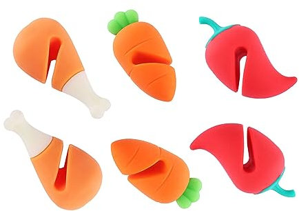 NentMent 6 Pack Pot Lid Lifter Silicone Heat Resistant Spill Proof Pan Cover Stand Holder Clip Steam Releaser Stopper for Soup Pots Kitchen Gadgets (Carrot, Pepper, Chicken Leg 3 Style)