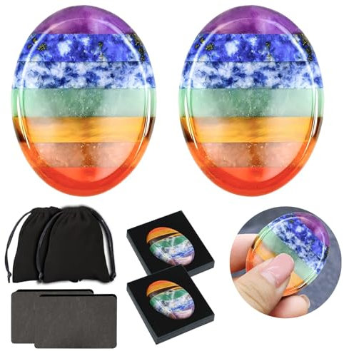 2 Pièces Pierre d'Inquiétude de Pouce de 7 Chakra Kit, Pierre de Paume de Poche Polie de Forme Ovale avec Sac de Rangement, Boîte, Carte, pour la Méditation et l'éQuilibrage Reiki (Arc-en-Ciel)
