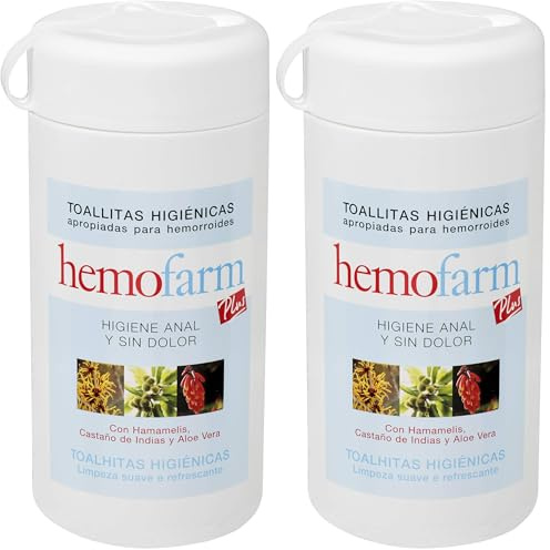 HEMOFARM PLUS - Toallitas húmedas dermatológicas individuales, Calman y refrescan, Para hemorroides, Bote 60 Unidades (Paquete de 2)