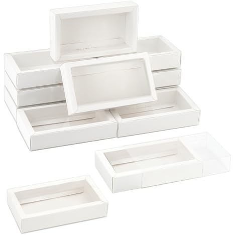 nbeads 12 Stk. Schublade Kraft Boxen, 16x9x3.2cm Geschenk Verpackung Fall Faltbare Wiederverwendbar Papier-Schubladen-Boxen mit Plastikdeckel für Party Gunst Kleine Geschenke Schmuck, Weiß