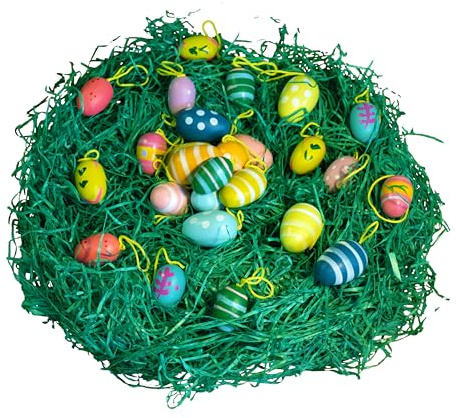 Papiertiger 36 Holzeier zum Hängen mit Kordel | 12x Medium-Large (3cm) + 24x Small (2cm) | Inklusive 50g Ostergras | Natürliche Osterdekoration mit stilvollem Charme