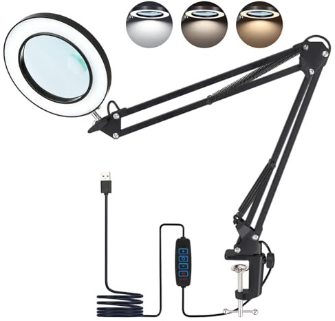 Lupe mit Licht, Lupenleuchte mit Klemme 8 und 10 Fach LED Lupenlampe, 3 Farbmodi, 10 Helligkeitsstufen Dimmbar Schreibtischlampe für Hobby, Basteln, Lesen, Senioren (Schwarz - 8X 10X)