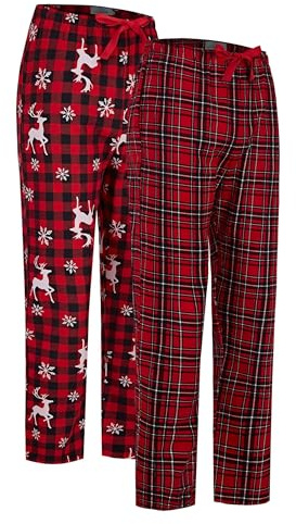GLOBAL Bas de Pyjama Femme 100% Flanelle de Coton avec Poches et Cordon de Serrage Lot de 2 Renne Rouge & Carreaux Rouges M