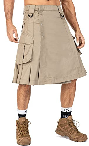 OCANXUE Kilt for Men Camo Utility Kilt Waterproof Tactical Kilt Irish Scottish Kilts with 4 Pockets Khaki 32