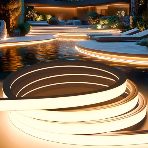 KSIBNW LED Strip Light Outdoor Waterproof Garden, 16.4ft/5m Silicone LED Strip IP65 Flexible Outside Strip Light Cuttable 220V240V Neon Rope Strip for Kitchen BedroomIndoor Decor,Warm White 3000K