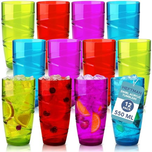 HEFTMAN Juego de 12 vasos de plástico de 550 ml, vasos acrílicos con diseño de remolino, vasos apilables reutilizables para jardín, picnics, camping, barbacoas, fiestas o uso diario (de color)