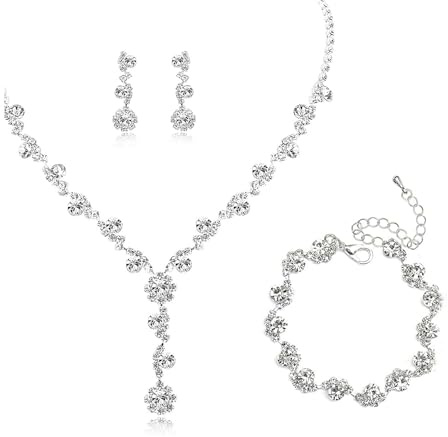 Schmuckset Silberfarben, Brautschmuck Set, Glitzer Armband Abschlussball Schmuck, Silber Strass Mode Schmucksets, Bestehend aus Ohrringen, Armband, Halskette, für Hochzeiten, Partys, Tägliche Kleidung