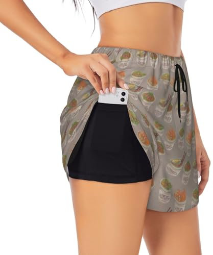 HGFVY Egg Cup Noodle Ramen 2 en 1 - Pantalones cortos de entrenamiento para mujer, para gimnasio, correr, pantalones cortos con bolsillos, Negro -, X-Large