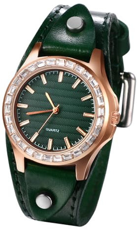 OIDEA Damen Uhren Leder Armbanduhr: Grün Zifferblatt Minimalistische Analog Quarz Uhr Steampunk Diamant Strass Geschenk für Freundin Schwester Mutter Familie