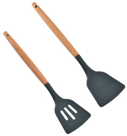 COLLBATH Espátulas De Silicona Mango De Madera Para Uso En Cocina, 2 Piezas Diseño Antiadherente y Almacenamiento Práctico, Aptas Para Sartenes y Carne